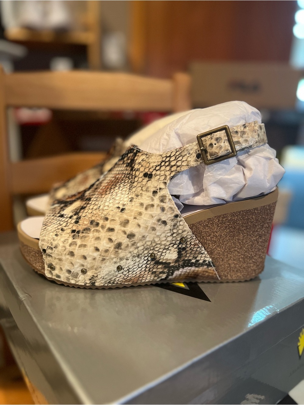 Volatile Snake-Print Cork Wedge Sandals